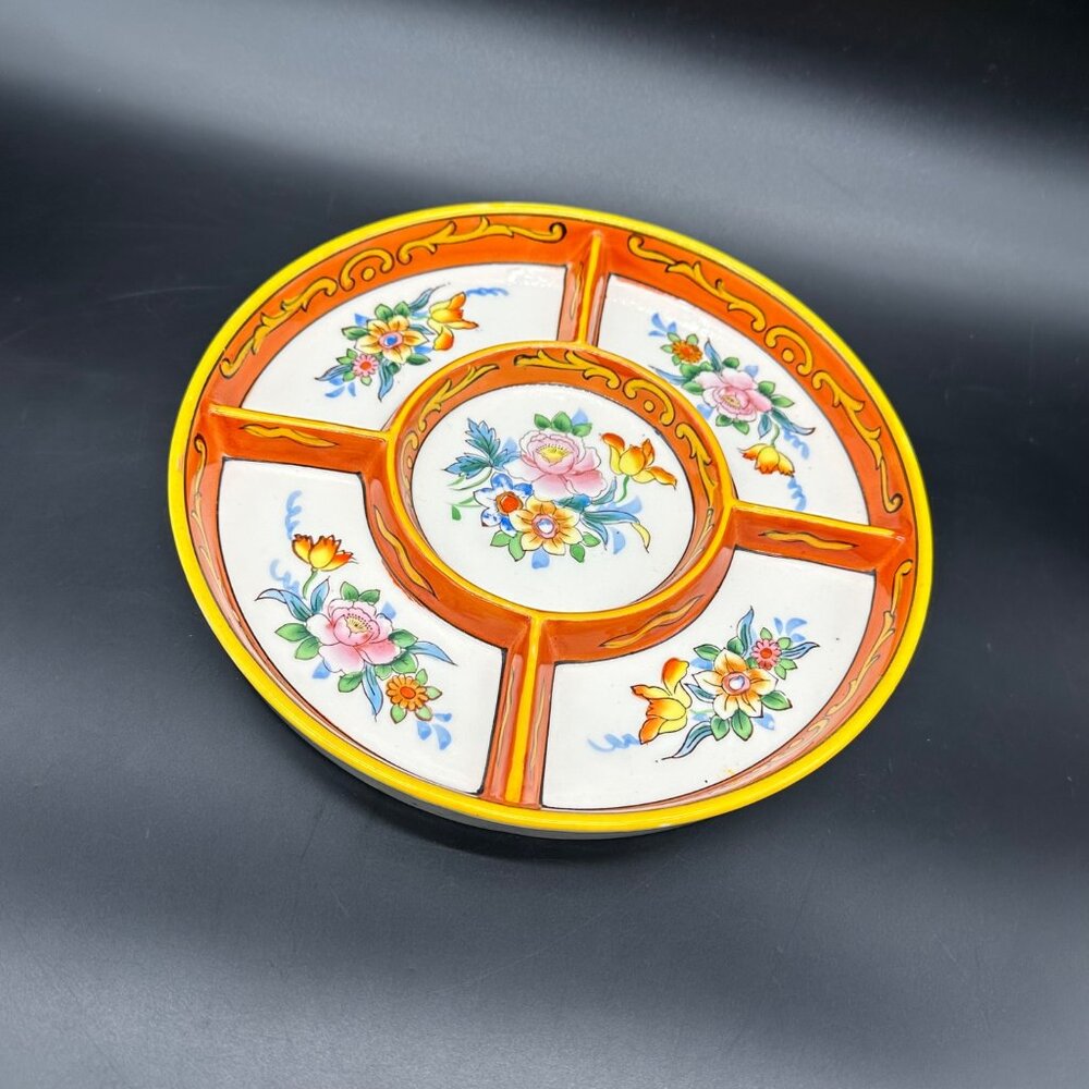 Vintage Floral Divided Serving Plate Moriyama Mori Machi Hand Painted Japan